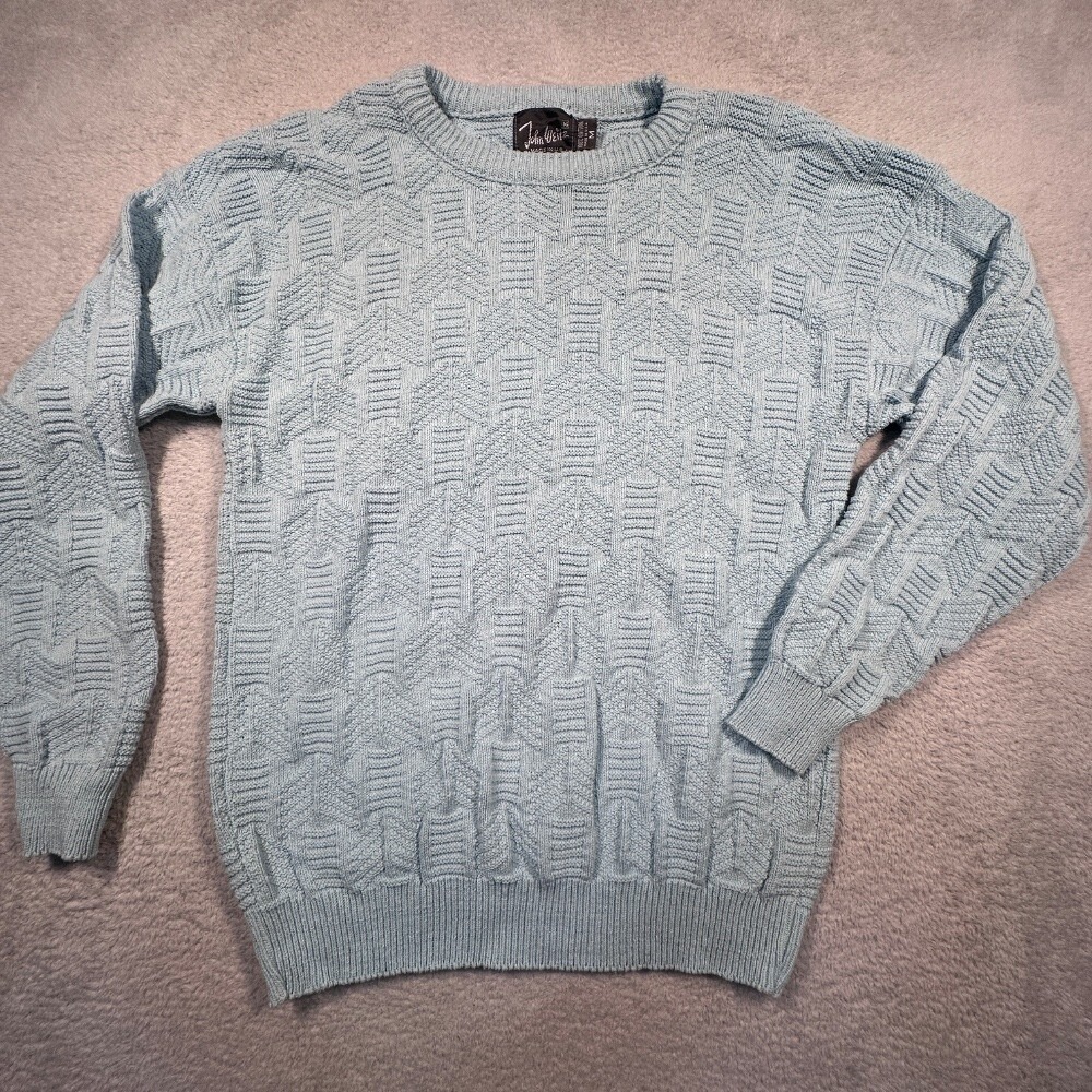 John Weitz Sweater M Blue Textured Cotton Vintage 90s Made in‎ USA Pastel